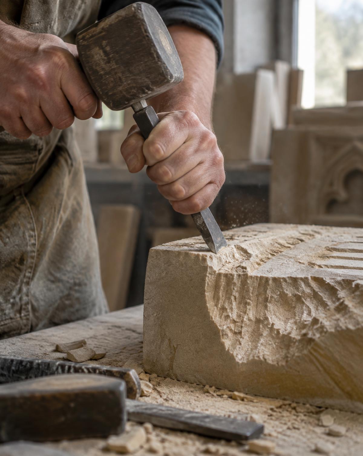 Mason dressing sandstone by hand in a workshop