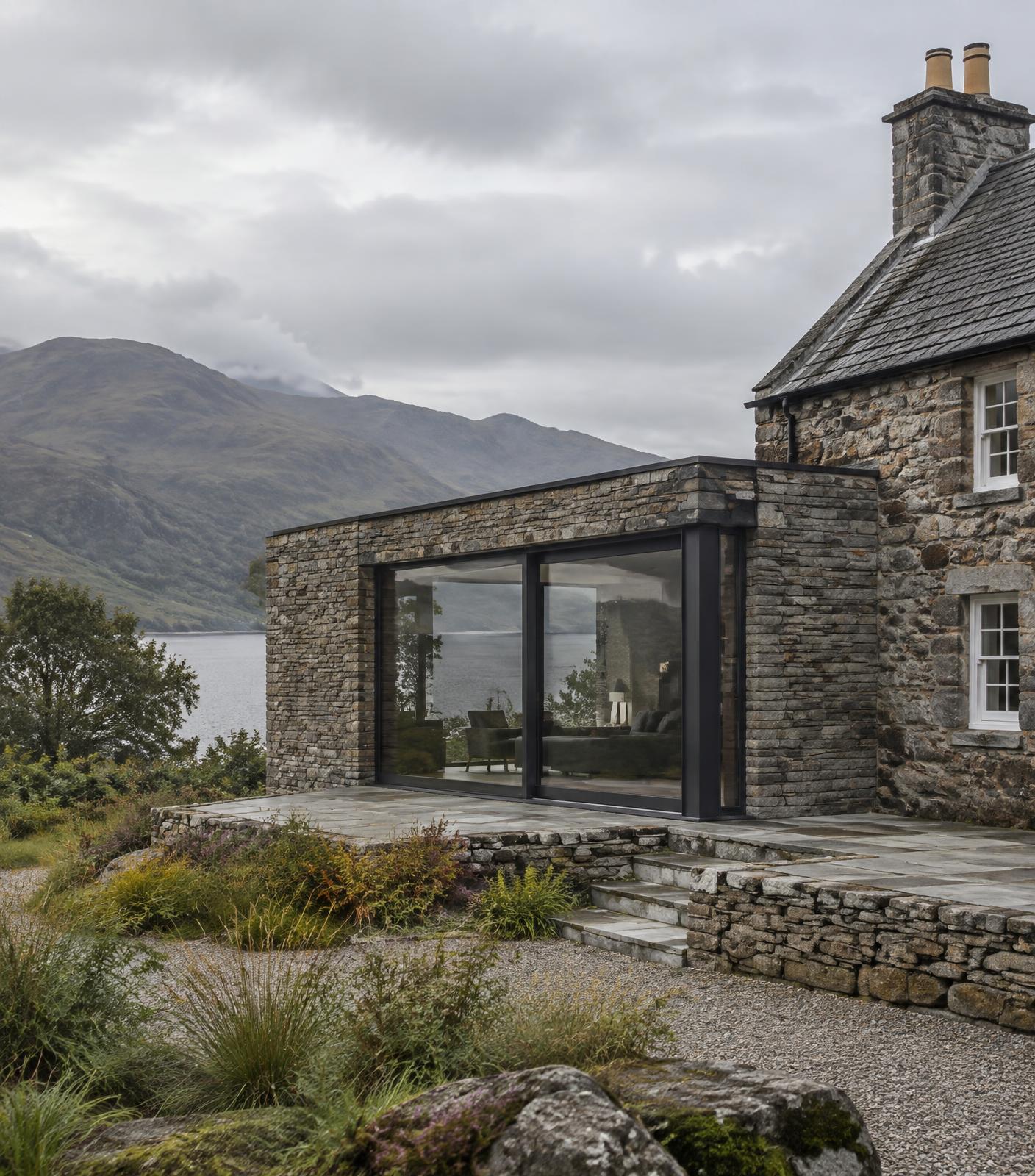 Contemporary stone extension with large glazing joined to an older stone cottage