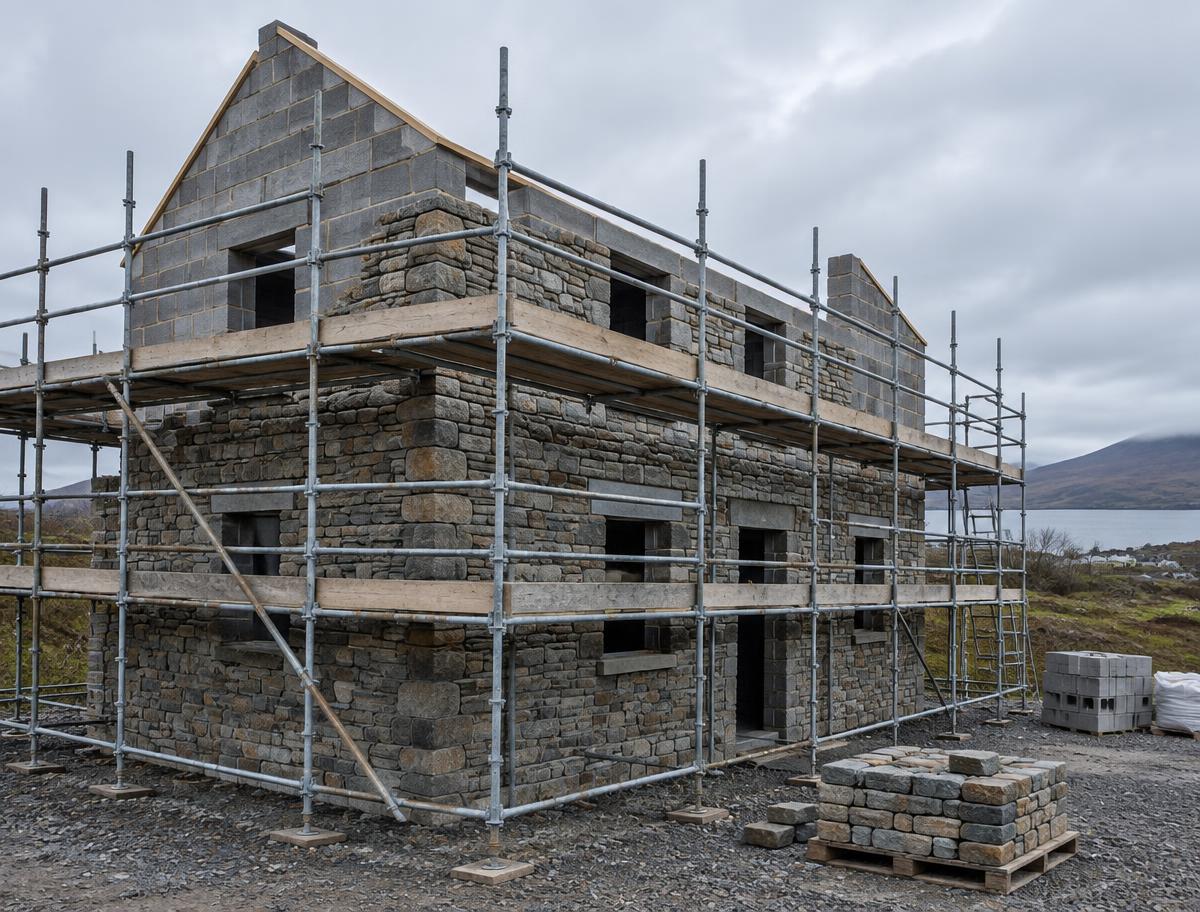 New build house under construction with a stone outer leaf being laid behind scaffolding
