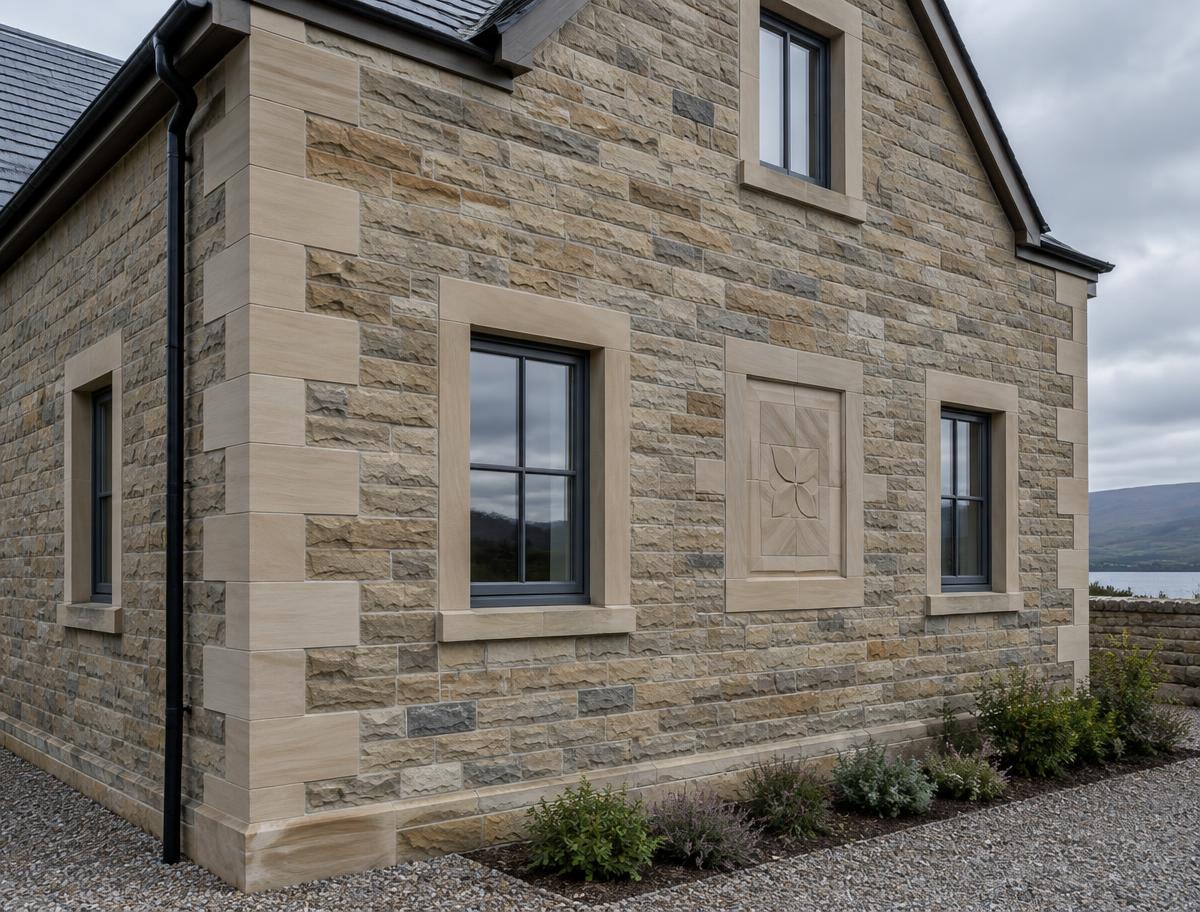 Newly built coursed sandstone elevation with dressed quoins and a carved feature panel